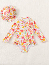 Young Girl Floral Print Patchwork Ruffled One-Piece Swimsuit